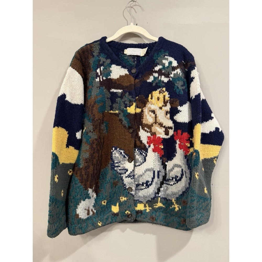 Vintage Eagles Eye Hand Knit Wool Sweater Cow Chicken Farm Duck Med 1990